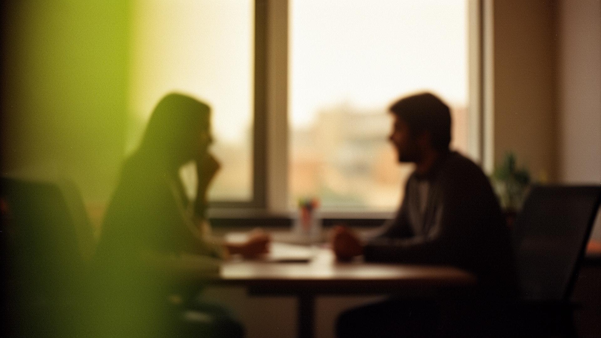 Two people in a quiet conversation across a desk